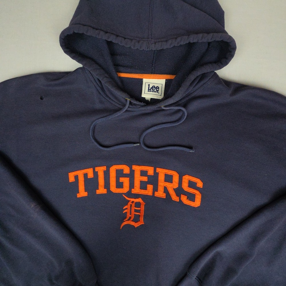 Vintage Lee Sport Detroit Tigers Hoodie Mens XL Navy Blue Embroidered Cotton Y2K